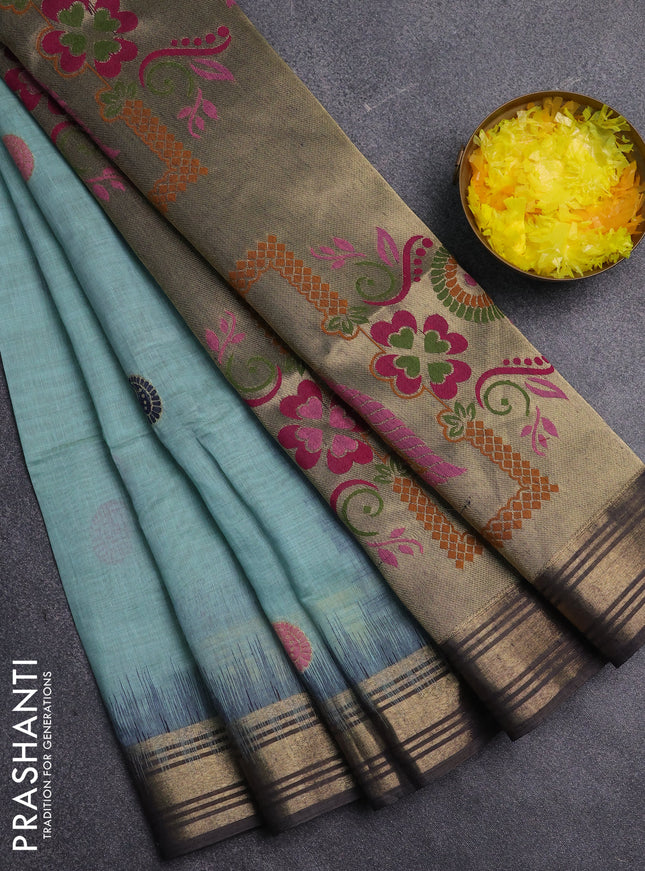 Jamdhani cotton saree green shade and navy blue with allover thread woven buttas and jamdhani pallu