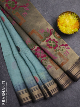 Jamdhani cotton saree green shade and navy blue with allover thread woven buttas and jamdhani pallu