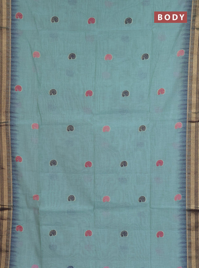 Jamdhani cotton saree green shade and navy blue with allover thread woven buttas and jamdhani pallu