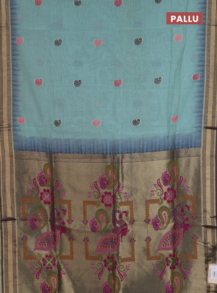 Jamdhani cotton saree green shade and navy blue with allover thread woven buttas and jamdhani pallu
