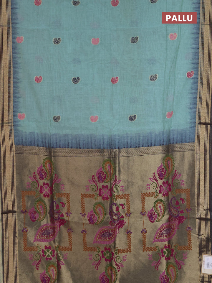 Jamdhani cotton saree green shade and navy blue with allover thread woven buttas and jamdhani pallu