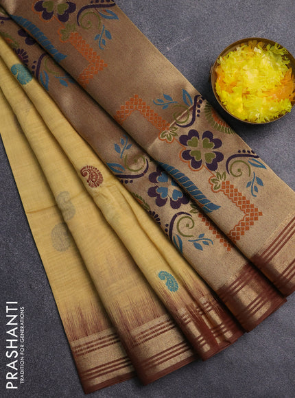 Jamdhani cotton saree pale yellow with allover thread woven buttas and jamdhani pallu