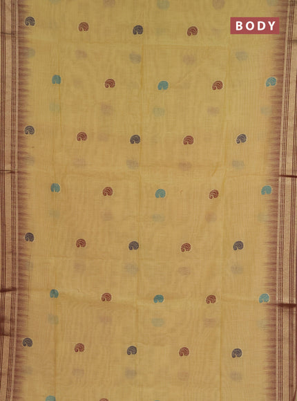 Jamdhani cotton saree pale yellow with allover thread woven buttas and jamdhani pallu
