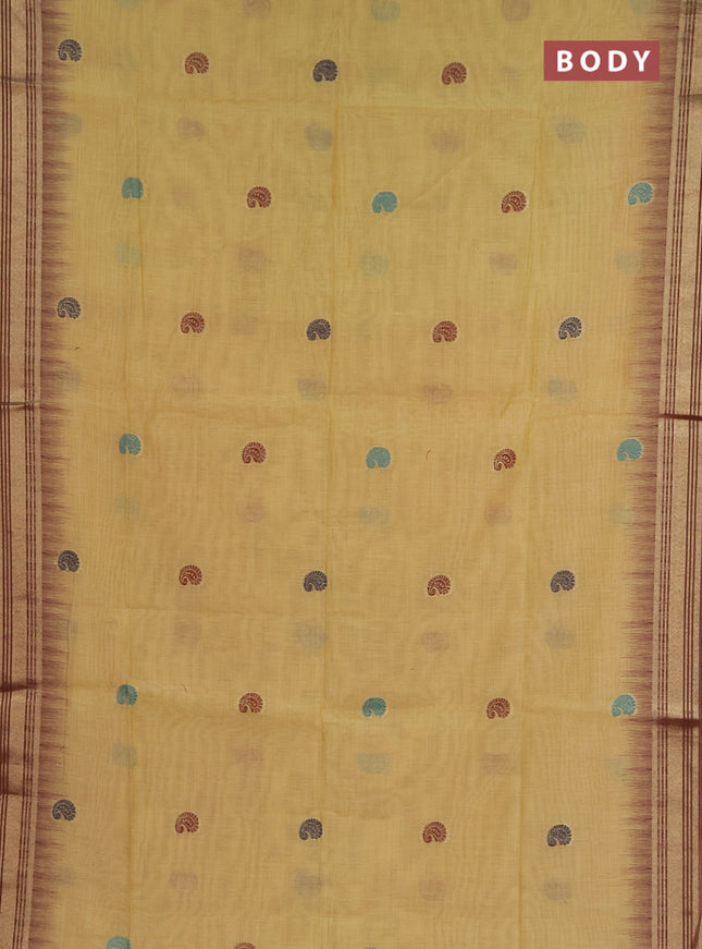 Jamdhani cotton saree pale yellow with allover thread woven buttas and jamdhani pallu