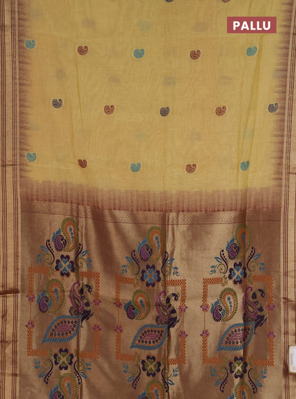 Jamdhani cotton saree pale yellow with allover thread woven buttas and jamdhani pallu