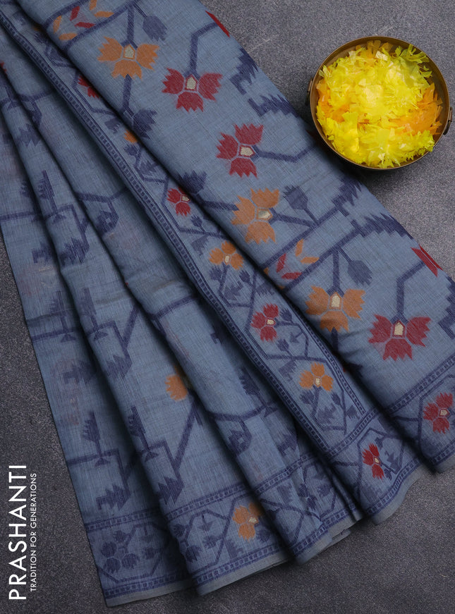 Jamdhani cotton saree blue shade with allover thread weaves and jamdhani pallu
