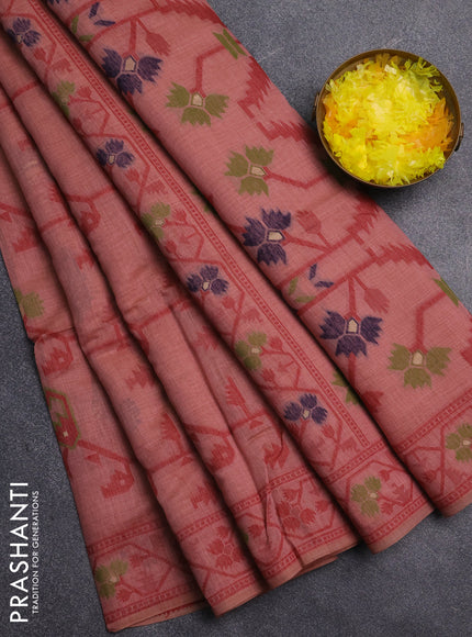 Jamdhani cotton saree dark peach with allover thread weaves and jamdhani pallu