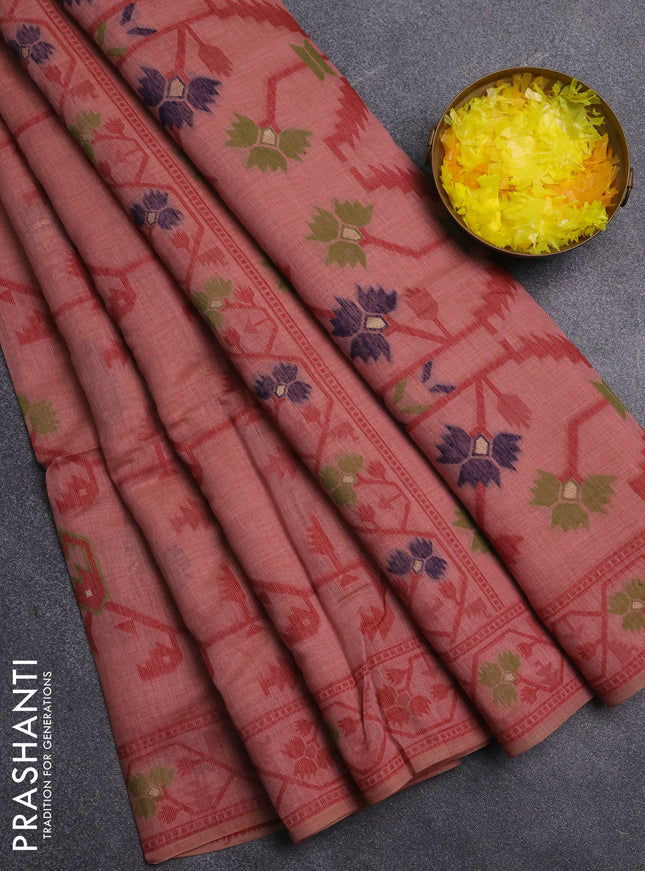 Jamdhani cotton saree dark peach with allover thread weaves and jamdhani pallu