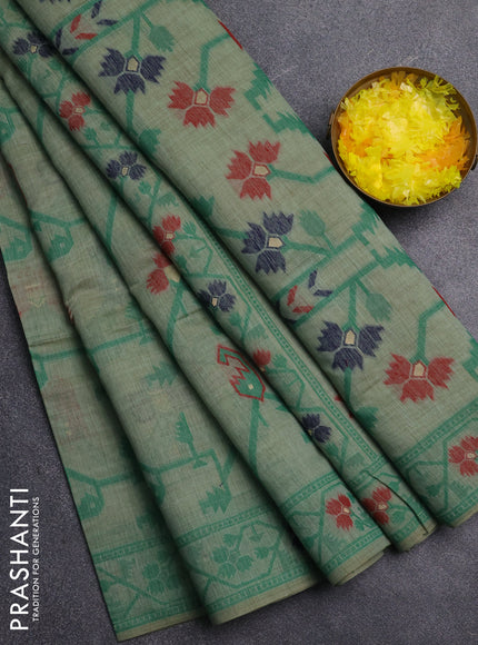Jamdhani cotton saree green shade with allover thread weaves and jamdhani pallu