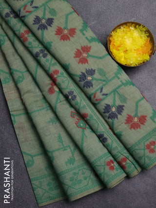 Jamdhani cotton saree green shade with allover thread weaves and jamdhani pallu