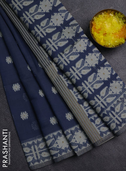 Jamdhani cotton saree blue shade with allover thread woven buttas and jamdhani pallu