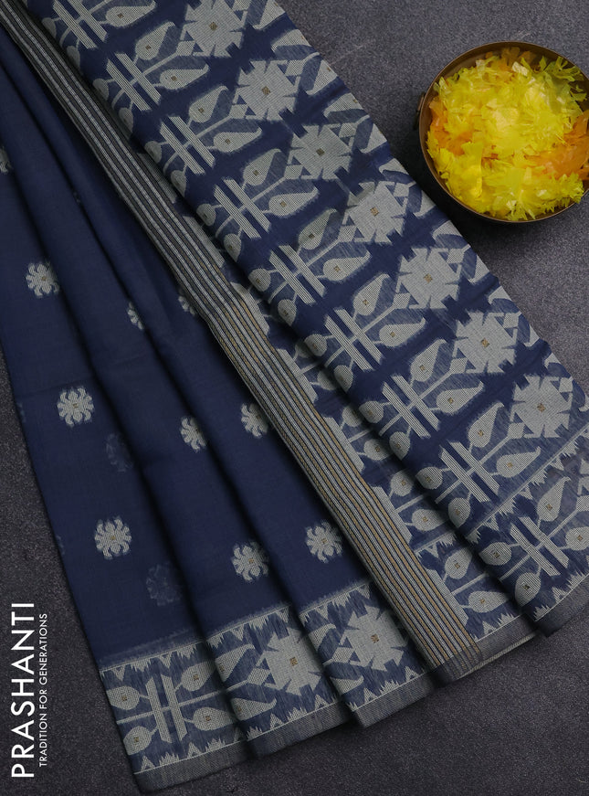 Jamdhani cotton saree blue shade with allover thread woven buttas and jamdhani pallu