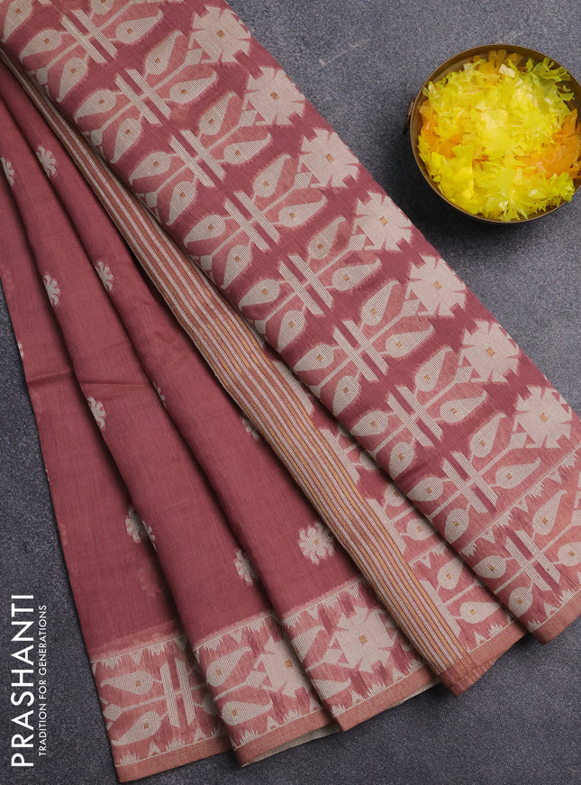 Jamdhani cotton saree dark peach  with allover thread woven buttas and jamdhani pallu