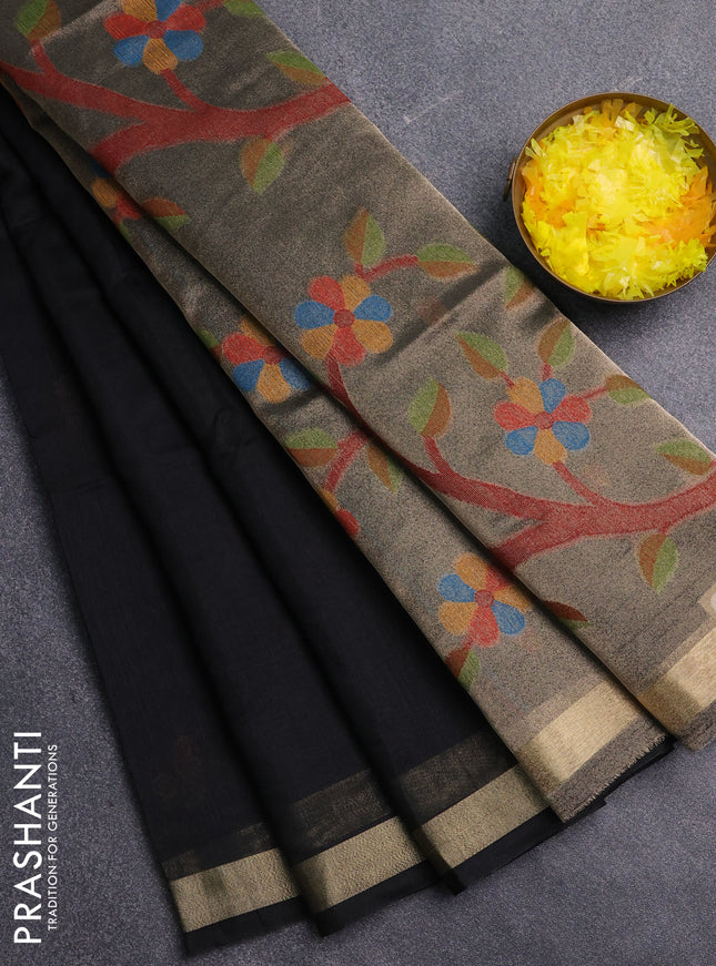 Jamdhani cotton saree black with allover thread woven buttas and jamdhani pallu