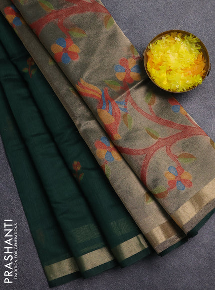 Jamdhani cotton saree bottle green with allover thread woven buttas and jamdhani pallu