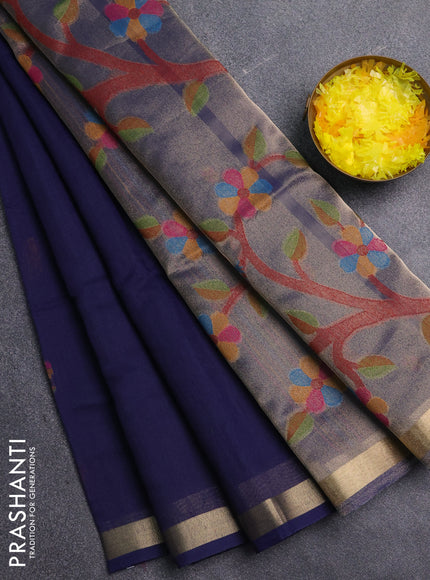Jamdhani cotton saree navy blue with allover thread woven buttas and jamdhani pallu