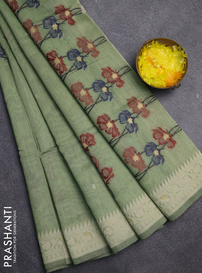 Jamdhani cotton saree pastel green and maroon with allover thread & zari woven buttas and jamdhani pallu