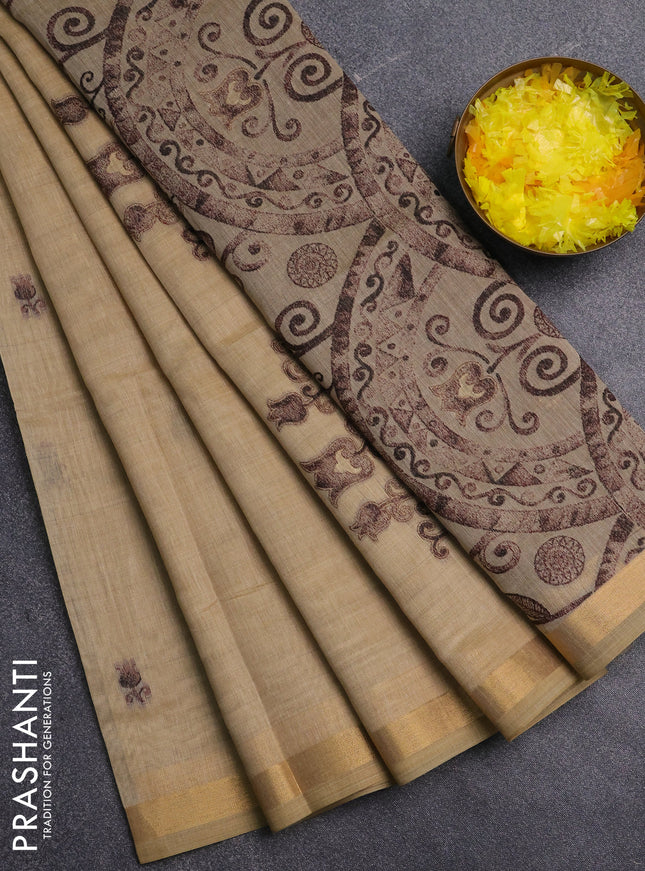 Jamdhani cotton saree beige and coffee brown with allover thread woven buttas and jamdhani pallu