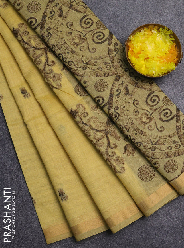 Jamdhani cotton saree pale yellow and coffee brown with allover thread woven buttas and jamdhani pallu
