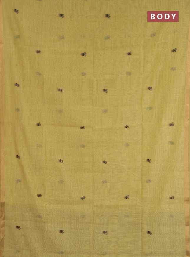 Jamdhani cotton saree pale yellow and coffee brown with allover thread woven buttas and jamdhani pallu