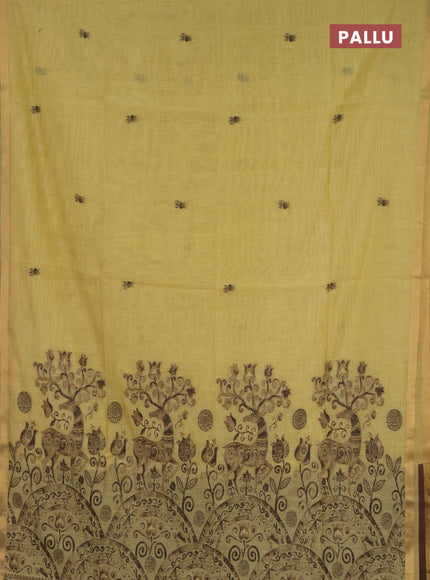 Jamdhani cotton saree pale yellow and coffee brown with allover thread woven buttas and jamdhani pallu