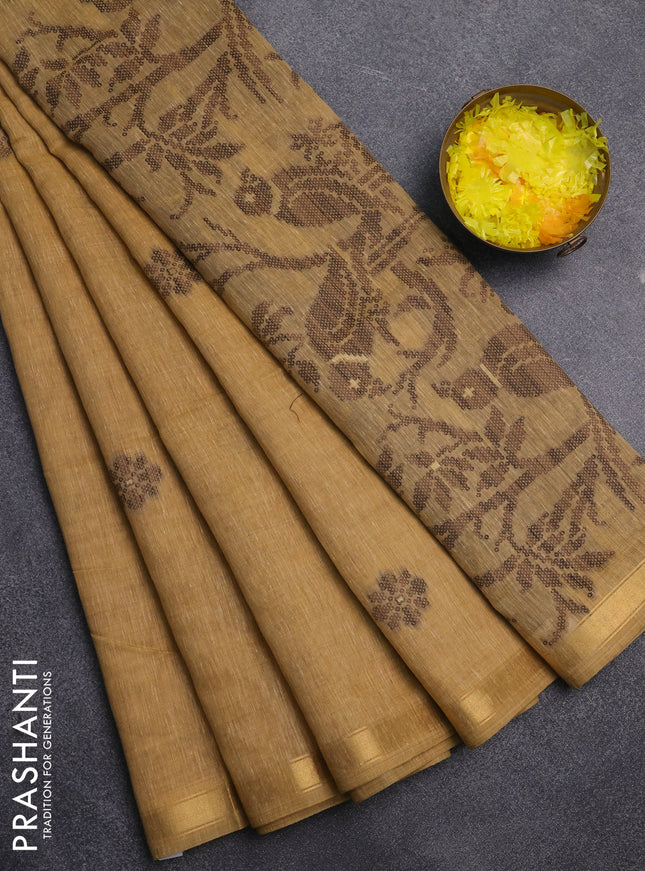 Jamdhani cotton saree sandal and brown with allover thread & zari woven buttas and jamdhani pallu