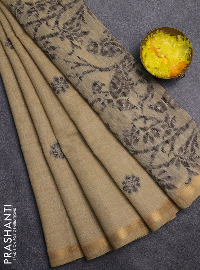 Jamdhani cotton saree beige and black with allover thread & zari woven buttas and jamdhani pallu