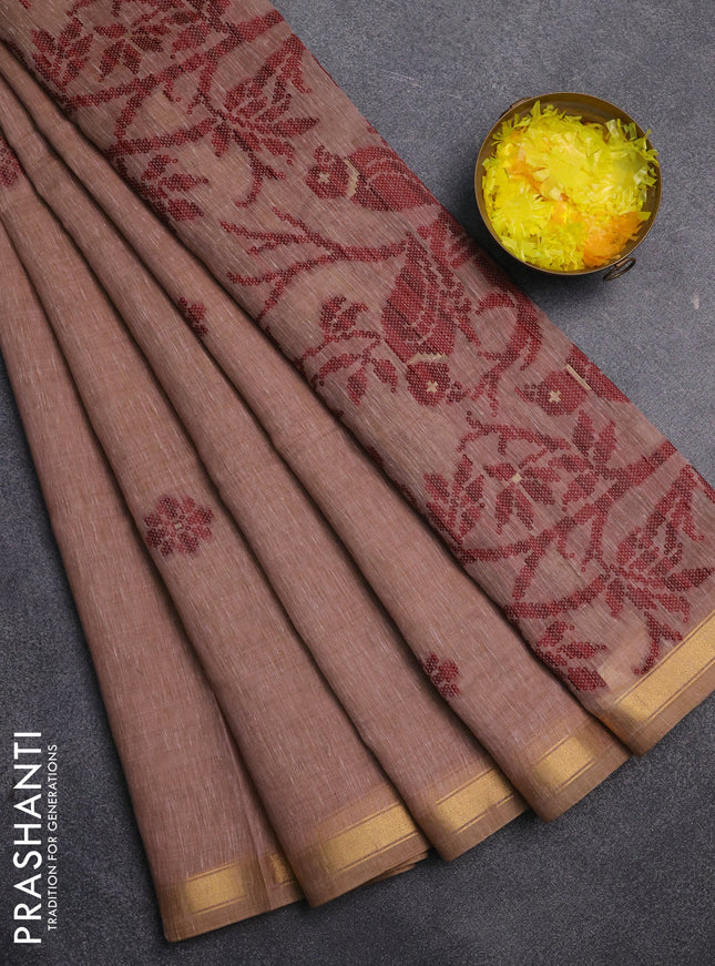 Jamdhani cotton saree dark peach shade and maroon with allover thread & zari woven buttas and jamdhani pallu