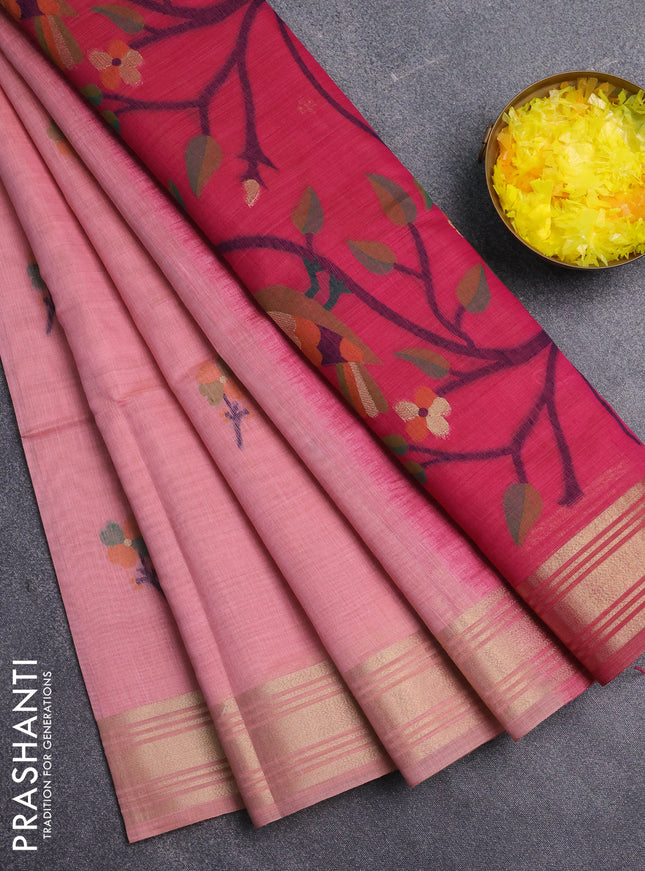 Jamdhani cotton saree peach pink and dark pink with allover thread & zari buttas and jamdhani pallu