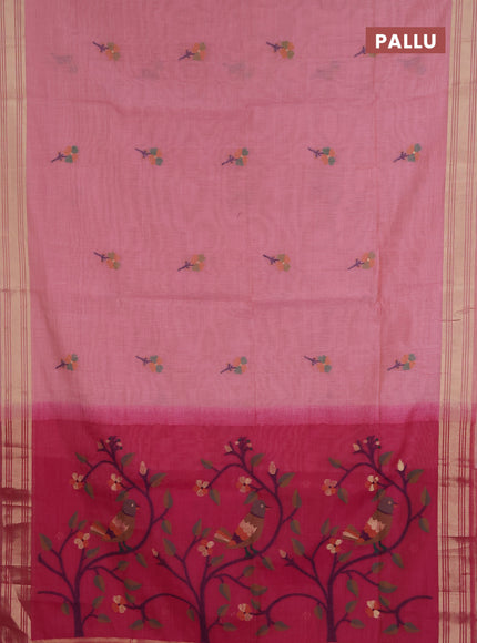 Jamdhani cotton saree peach pink and dark pink with allover thread & zari buttas and jamdhani pallu