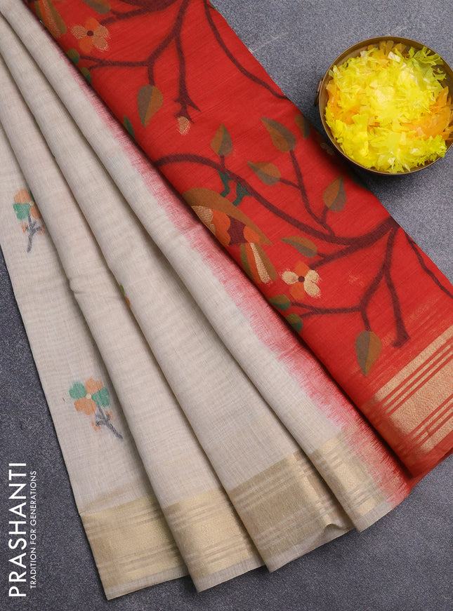 Jamdhani cotton saree beige and red with thread & zari woven buttas and jamdhani pallu