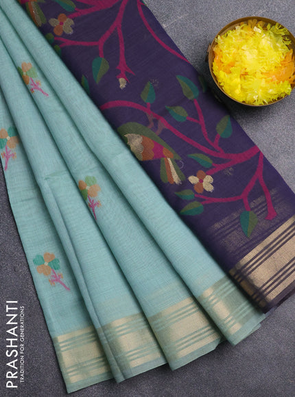 Jamdhani cotton saree teal green and navy blue with thread & zari woven buttas and jamdhani pallu