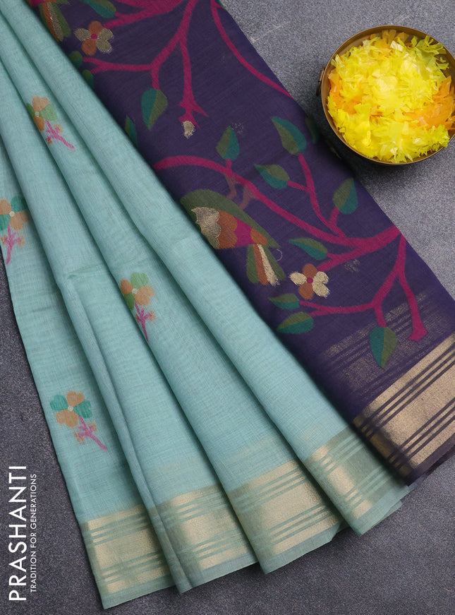 Jamdhani cotton saree teal green and navy blue with thread & zari woven buttas and jamdhani pallu