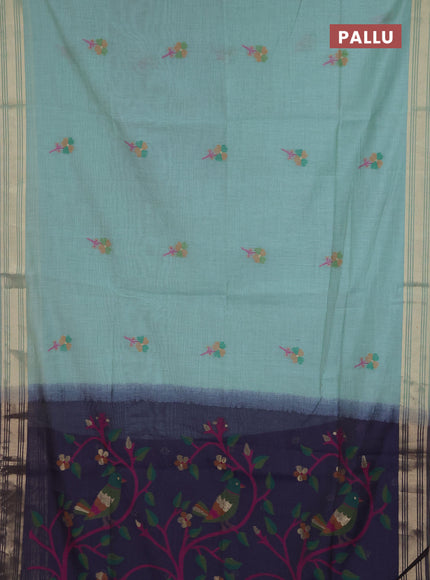 Jamdhani cotton saree teal green and navy blue with thread & zari woven buttas and jamdhani pallu