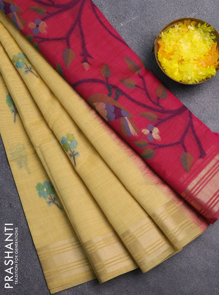 Jamdhani cotton saree pale yellow and magenta pink with thread & zari woven buttas and jamdhani pallu