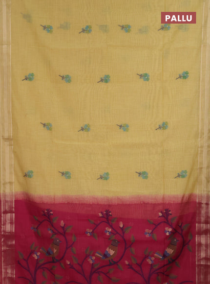 Jamdhani cotton saree pale yellow and magenta pink with thread & zari woven buttas and jamdhani pallu