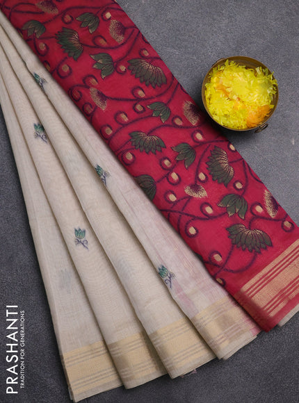 Jamdhani cotton saree beige and dark pink with thread & zari woven buttas and jamdhani pallu