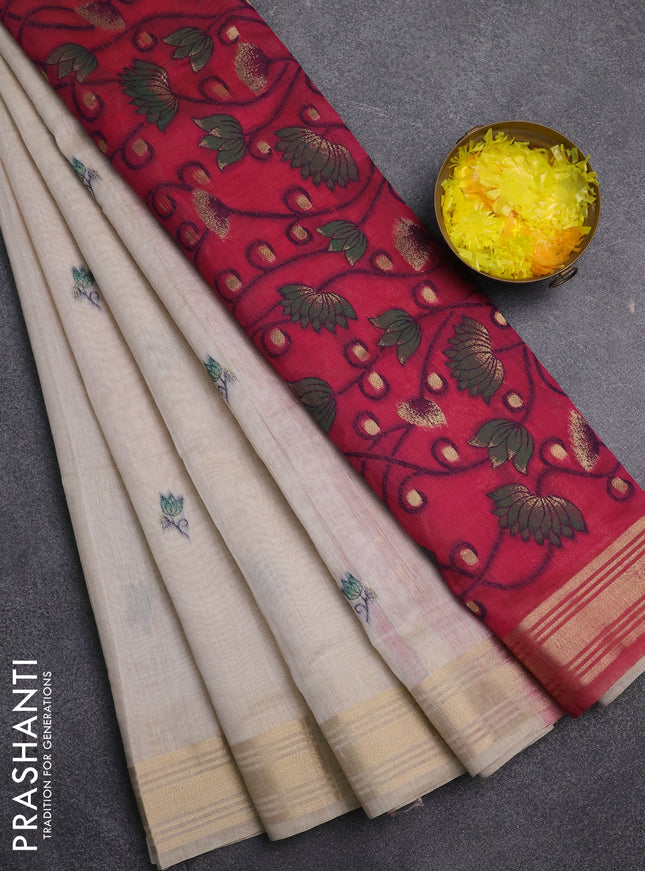 Jamdhani cotton saree beige and dark pink with thread & zari woven buttas and jamdhani pallu