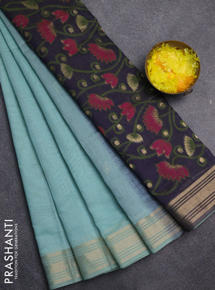 Jamdhani cotton saree pastel green and navy blue with thread & zari woven buttas and jamdhani pallu