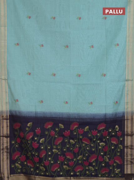 Jamdhani cotton saree pastel green and navy blue with thread & zari woven buttas and jamdhani pallu