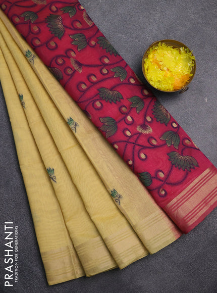 Jamdhani cotton saree pale yellow and dark pink with thread & zari woven buttas and jamdhani pallu