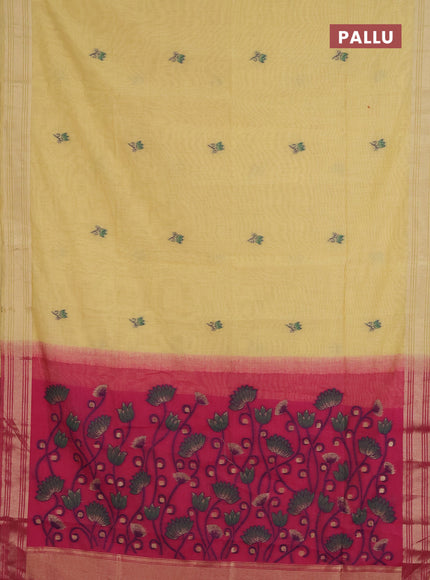 Jamdhani cotton saree pale yellow and dark pink with thread & zari woven buttas and jamdhani pallu