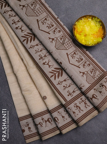 Jamdhani cotton saree beige and coffee brown with allover thread woven buttas and jamdhani pallu