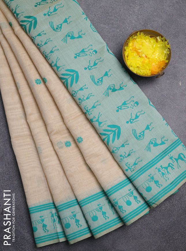 Jamdhani cotton saree beige and teal green with allover thread woven buttas and jamdhani pallu