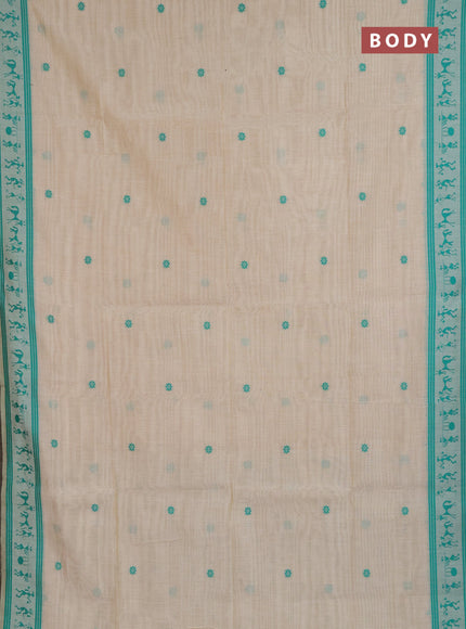 Jamdhani cotton saree beige and teal green with allover thread woven buttas and jamdhani pallu