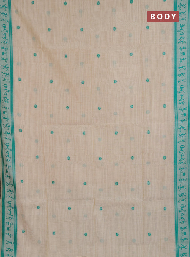 Jamdhani cotton saree beige and teal green with allover thread woven buttas and jamdhani pallu
