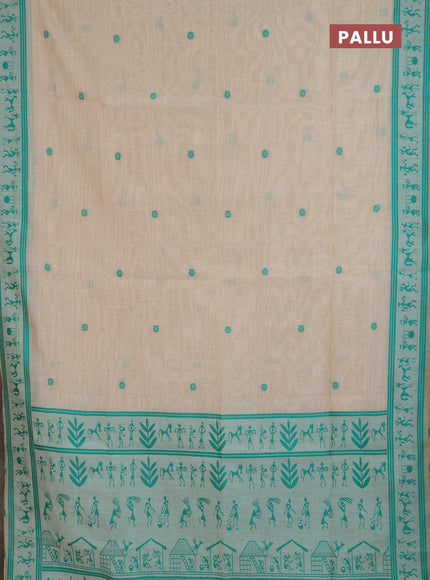 Jamdhani cotton saree beige and teal green with allover thread woven buttas and jamdhani pallu