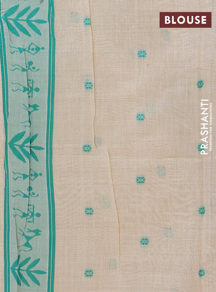 Jamdhani cotton saree beige and teal green with allover thread woven buttas and jamdhani pallu