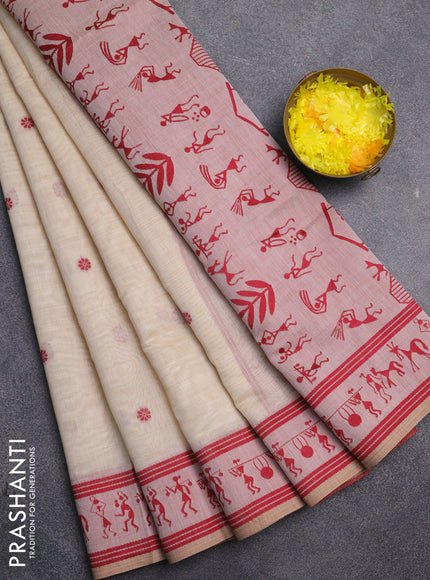 Jamdhani cotton saree beige and maroon with allover thread woven buttas and jamdhani pallu
