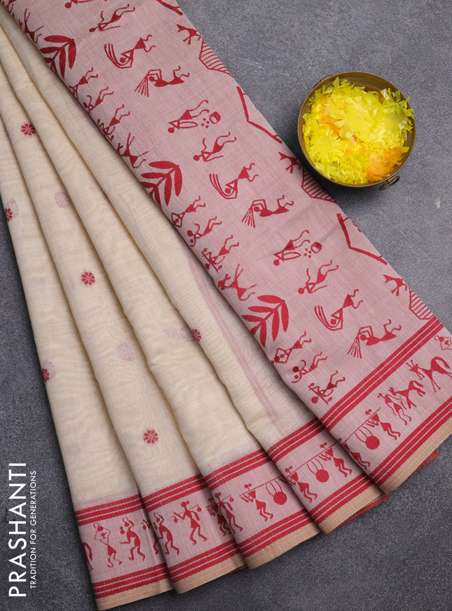 Jamdhani cotton saree beige and maroon with allover thread woven buttas and jamdhani pallu